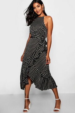 ブーフー BOOHOO BOUTIQUE サテン ドレス 黒色 ブラック ミディドレス 【 BOOHOO BOUTIQUE SATIN POLKA DOT FRILL DETAIL BLACK 】 レディースファッション ワンピース