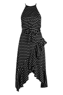 ブーフー BOOHOO BOUTIQUE サテン ドレス 黒色 ブラック ミディドレス 【 BOOHOO BOUTIQUE SATIN POLKA DOT FRILL DETAIL BLACK 】 レディースファッション ワンピース