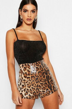 ブーフー BOOHOO 茶 ブラウン 【 BROWN BOOHOO LEOPARD SEQUIN HOT PANTS 】 レディースファッション ボトムス パンツ