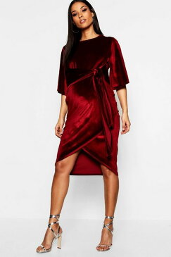 BOOHOO MATERNITY スリーブ 【 SLEEVE VELVET KIMONO TIE WAIST MIDI RED 】 レディースファッション ワンピース 送料無料