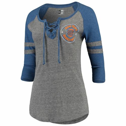 ニューエラ NEW ERA ニックス レディース ラグラン Tシャツ レディースファッション トップス カットソー 【 New York Knicks Womens Lace-up Tri-blend Raglan 3/4-sleeve T-shirt - Heathered Gray/heathered Royal 】