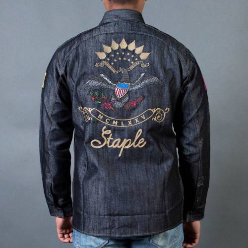 ステープル デニム 黒色 ブラック メンズ 【 STAPLE MEN PATCH DENIM OVERSHIRT (BLACK) / BLACK 】 メンズファッション トップス カジュアルシャツ