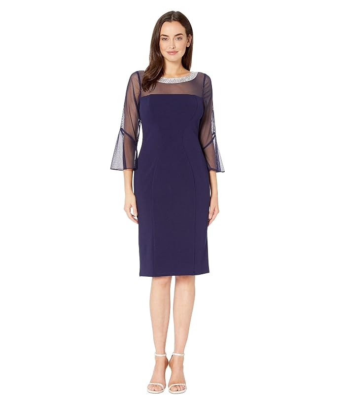 アレックスイブニングス Alex Evenings 【 Short Shift Dress with Beaded Illusion Neckline and Bell Sleeves 】 ドレス Navy 紺色 ネイビー