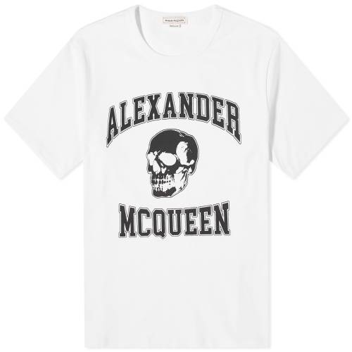 アレキサンダーマックイーン ロゴ Tシャツ 白色 ホワイト 黒色 ブラック メンズ 【 ALEXANDER MCQUEEN ALEXANDER MCQUEEN VARSITY SKULL LOGO T-SHIRT / WHITE BLACK 】 メンズファッション トップス カットソー