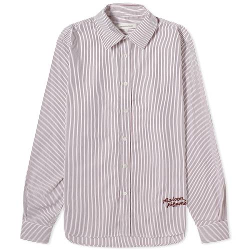 ]Lcl S NVbN XgCv F zCg  bh & Y y MAISON KITSUNE MAISON KITSUNE HANDWRITING LOGO CLASSIC STRIPE SHIRT / WHITE & RED z Yt@bV gbvX