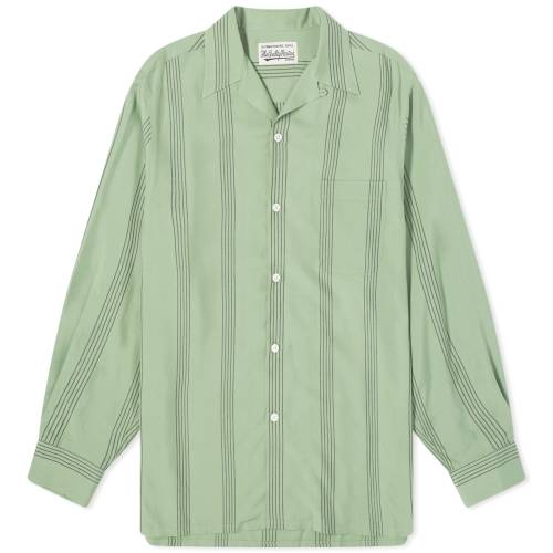 R}A X[u XgCv  O[  Y y WACKO MARIA WACKO MARIA LONG SLEEVE STRIPE VACATION SHIRT / GREEN z Yt@bV gbvX