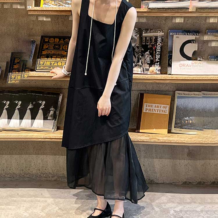 ワンピース ノースリーブ レディース 重ね着風 フレア 個性的 春 夏 ロング丈 ワンピース 切り替え ワンピース レイヤード 重ね着 体型カバー Aライン マキシワンピース シンプル 大きいサイズ 着痩せ 夏ワンピース ノースリーブワンピース