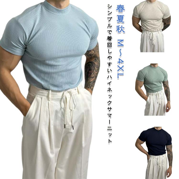 乐天商城 - タートルネック カットソー メンズ 半袖 夏 サマーニット Tシャツ ハイネック ゴルフウェア トップス ストレッチ 男性 薄手 無地 インナーtシャツ 春夏秋 作業着 カジュアル スポーツ ティーシャツ ランニング ジム イベント 送料無料