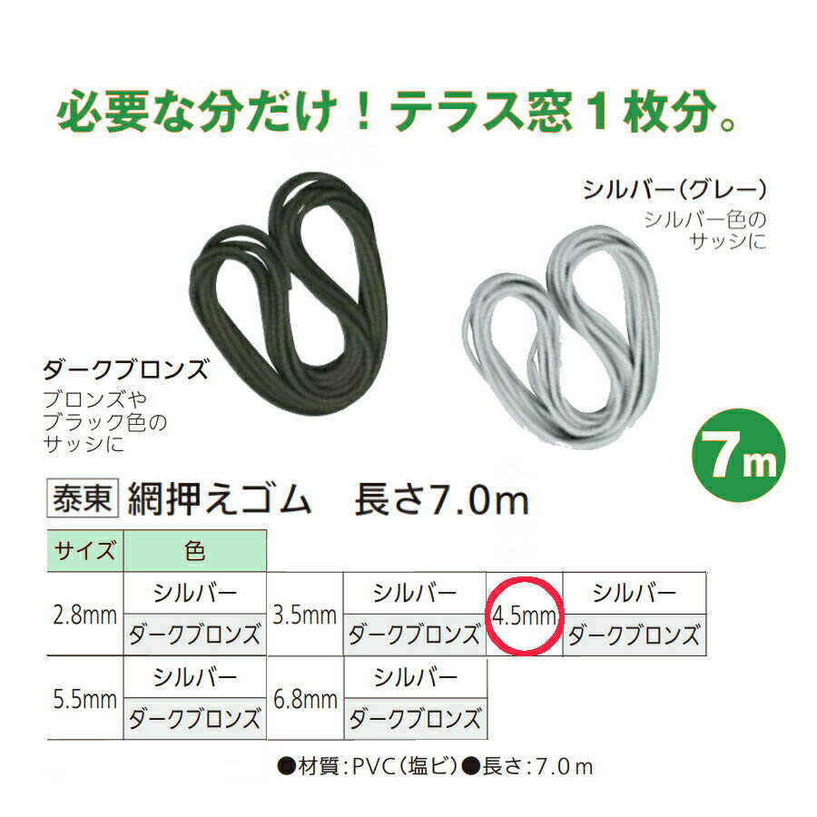 網戸 交換 取替 貼替 補修 修繕 泰東 網押えゴム 太さ4.5mm×長さ7.0m 全2色