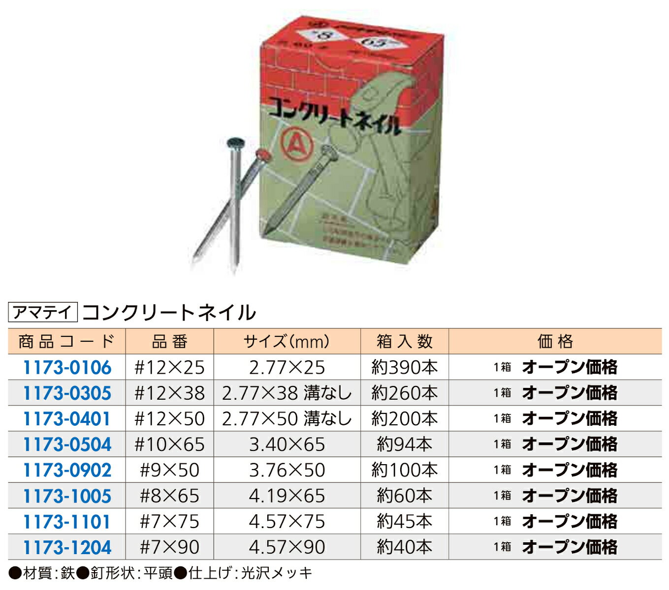 釘 コンクリート セメント レンガ アマティ コンクリートネイル 3.76×50mm 品番＃9×50 約100本入