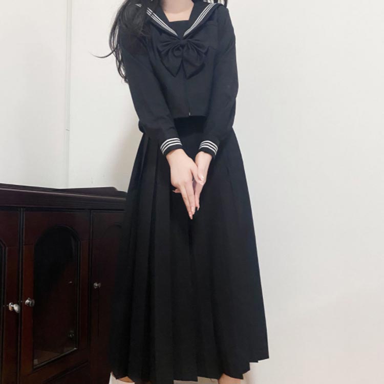 女子 かわいい 制服 3点セット シャツ コスプレ 無地 半袖 長袖 女子高校生 学園祭 スカート リボン 上下セット セーラー服 ブラック セーラー服 JK制服 女子高生 ロング 高校生 黒 文化祭 レディース コスチューム衣装 衣装 仮装 可愛い
