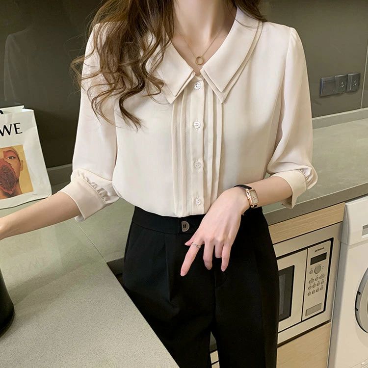 【送料無料】オフ 着やせ 普段着 同窓会 体型カバー 五分袖 春秋 お出かけ カジュアル ブラウス おしゃれ トップス レデイース シフォン 無地