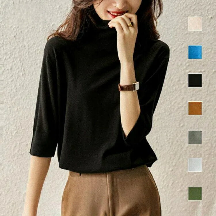 ニット ハイゲージ カシミヤタッチ 洗える レディース 五分袖 ハイネック タートルネック シンプル ト..