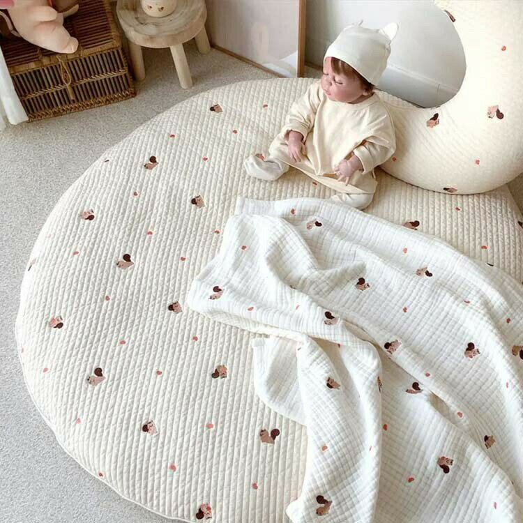 月齢フォト 85cm コットン お昼寝マット サークル 寝相アート 赤ちゃん ごろ寝 サニーマット 綿 刺繍 よちよちマット プレイマット ベビーマット プレゼント マット ラグ ラウンド 円形 洗える 出産祝い ラウンドマット
