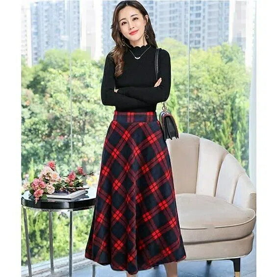 スカート ロングスカート チェック柄 ミモレ丈 ニット フレア Aライン ハイウエスト 秋 冬 春 チェックスカート ギンガムチェック柄 台形スカート