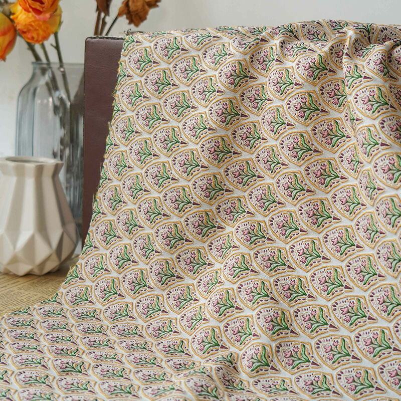 送料無料 145cm幅 90cm単位 生地 布 布地 きじ ジャカード生地 色織り エンボス生地 花柄 杏色 グリーン 幾何柄 アメカジ 宮廷風 楽天海外通販