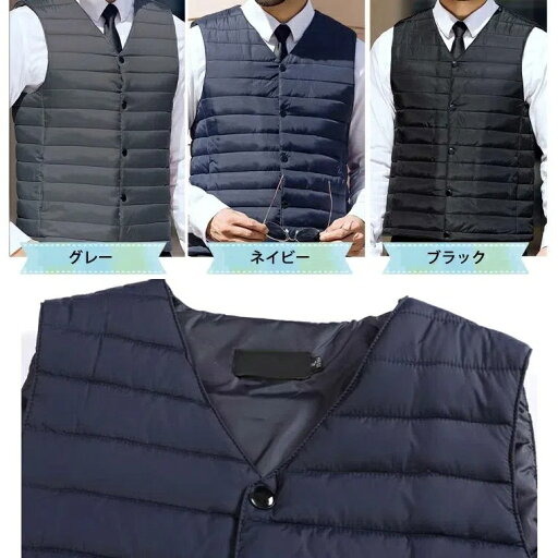【新発売限定記念価格!】軽量 着ぶくれない お洒落なメンズ中綿ベスト インナーベスト かさばらない 着ぶくれしない 着膨れない 薄手 フェイクダウン ショート丈 男性 ノーカラー ファスナー ボタン 大きいサイズ