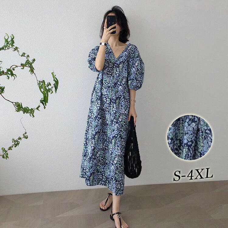 【送料無料】大人可愛い 花柄 ワンピース レディース 体型カバー ゆったり ロング丈 半袖 着痩せ効果 ..