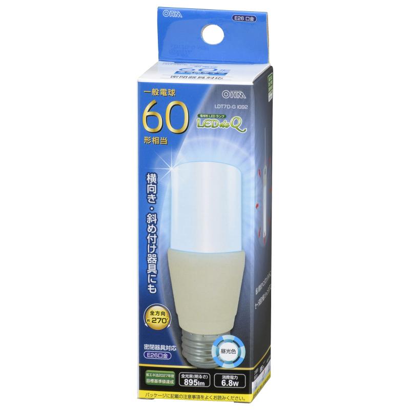 LED電球 T形 E26 60形相当 昼光色 LDT7D-G IG92 06-3748 OM オーム電機
