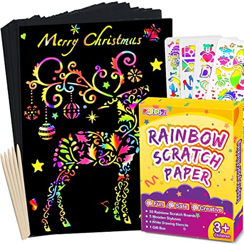pigipigi Scratch Paper Art for Kids - 59 Pcs Magic Rainbow Scratch Paper Off Set Scratch Crafts Arts Supplies Kits Pads Sheets Boards for Party Games Christmas Birthday Gift
