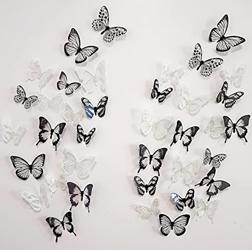 100枚入り 立体3D蝶々 蝶型貼り紙 壁紙シールトンボバタフライウォールステカラフル 部屋や 家庭飾り用 両面テープ付き ブラック ホワイト 54個 