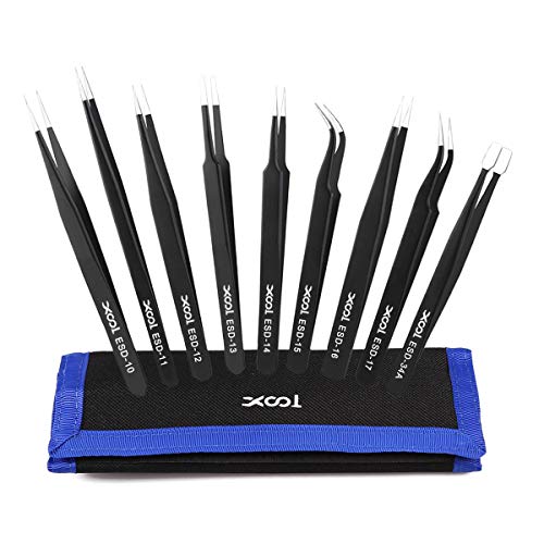 (9in1) - ESD Tweezers Tools Kit, Precision Anti-static Set of Tweezers, Non-magnetic and Multi-standard Stainless Steel Tweezers with Storage Bag for Lab, Electronics, Jewellery and Detailed Work