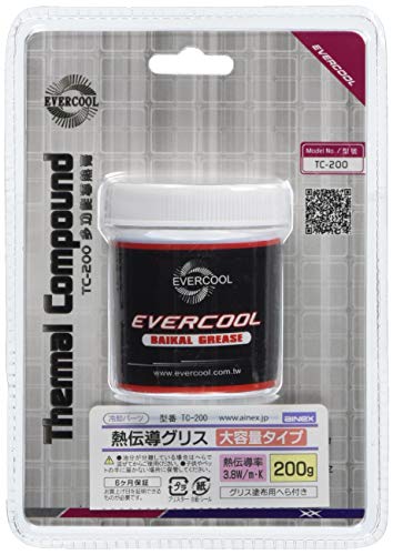 熱伝導率 : 3.8W/m・K熱抵抗値 : 0.017℃・in2/W内容量 : 200gグリス塗布用へら付きEvercool Thermal社の熱伝導グリス大容量(200g)タイプです。CPUとヒートシンクなどの間に塗り熱伝導効率を高めます。低粘度で塗りやすくグリスを塗布する際に便利なへら付属。ヘラを寝かせるとムラなく仕上げられます。熱伝導率3.8W/m・K熱抵抗値0.017℃・in2/W