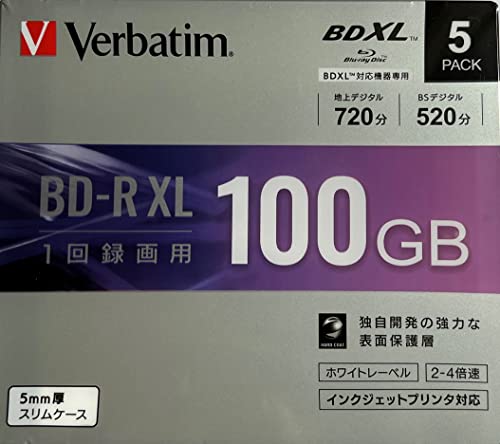 バーベイタム 4倍速対応BD-R XL 5枚パック　100GB ホワイトプリンタブル VBR520YP5D1