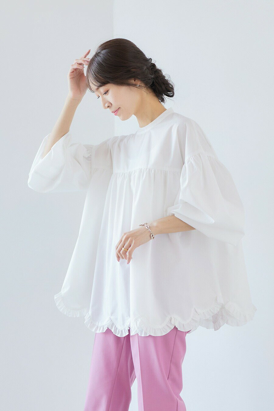 ensuite ×Yumi Kakiuchi Scallop flower blouse スカラップフラワーブラウス パフスリーブ ギャザー ボリューム袖 垣内優美 コラボ商品 春夏