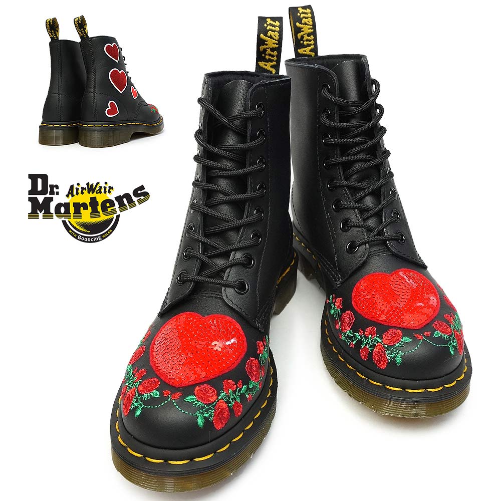 【あす楽】ドクターマーチン Dr.Martens 8ホール ブーツ 1460 パスカル ハート レディース 正規品 24406001 ラウンドトゥ 薔薇 刺繍 CORE APPLIQUE 1460 PASCAL HEARTS 8HOLE BOOTS