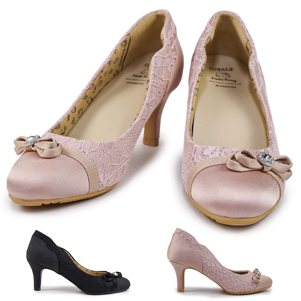 ムーンスター SUGATA スガタ パンプス SGTS404 ハローキティ レディース 軽量 リボン 7cmヒール 美脚効果