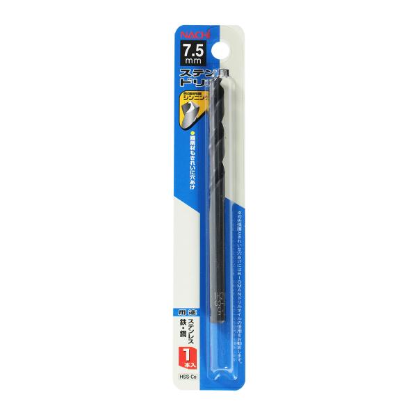 &nbsp;メーカー&nbsp;不二越&nbsp;商品カテゴリ&nbsp;ドリルアクセサリ(穴あけ)＞ツイストビット・金工用ドリルビット&nbsp;発送目安&nbsp;2日〜3日以内に発送予定（土日祝除）&nbsp;お支払方法&nbsp;銀行振込・クレジットカード&nbsp;送料&nbsp;送料無料&nbsp;特記事項&nbsp;&nbsp;その他&nbsp;【特長】先端研磨シンニング刃。コバルトハイス鋼を使用。ステンレスなどの難削材に最適。【用途】ステンレスなどの難削材に最適。 ●サイズ(mm):113×7.5×7.5 ●質量(g):28 ●適応材:軟鉄・鋳鉄・鉄鋼・ステンレス鋼 ●入数:1本 ●穴あけ可能深さ:ドリル径の5倍まで ●材質:HSSCo ●穴径(mm):7.5 【注意事項】刃先保護をきれいな穴あけにはBIGMANドリルオイルの併用をお勧めします。穴あけ加工以外の用途には使用しないで下さい。ドリルは折れることがあります。作業中は防護めがね、保安帽を着用してください。穴あけ始めと、抜け際は押す力を緩めてください。強い力で押し付けているとけがをすることがあります。作業中は手袋を着用しないで下さい。巻き込まれる恐れがあり危険です。切れ刃を素手で触らないで下さい。けがをすることがあります。