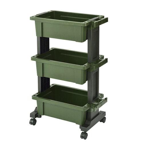 JEJアステージ ツールワゴン ボックスタイプ 日本製 組み立て式 3段 キャスター付 ブラックグリーン TWB-490G 幅49×奥行29.5×高さ78.5cm