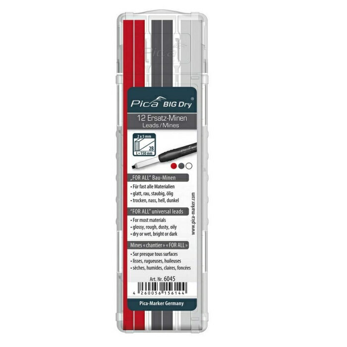 Pica Marker社 ピカマーカー 建築用シャープペンシル“BIG Dry”用替芯 12本入り 赤黒白(各4本) (6045 66..