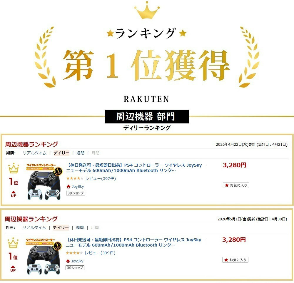 【休日発送可・最短即日出荷】PS4 コントローラー ワイヤレス JoySky ニューモデル...