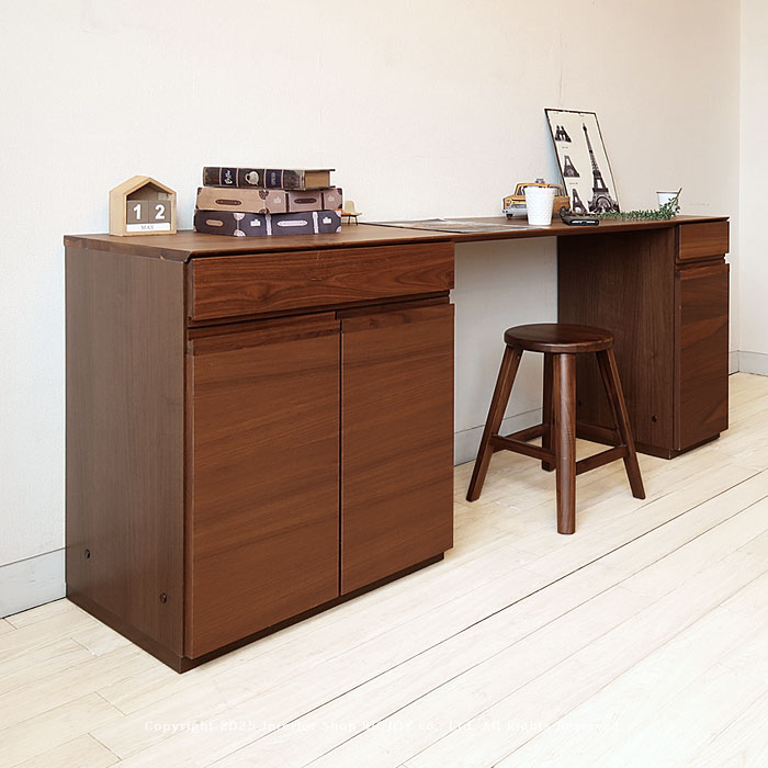 ユニットデスク 収納デスク 幅180cm 書斎机 パソコンデスク 袖付き 開梱設置配送 キャビネット大小を組み合わせた ウォールナット材 ウォールナット無垢材 木製机(※チェア別売) [2]
