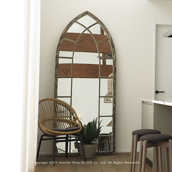 ウォールミラー 立掛けミラー 姿見 ヴィンテージ アンティーク ステンドグラスのような荘厳なデザイン 幅90cm 高さ220cm 木枠 開梱設置配送