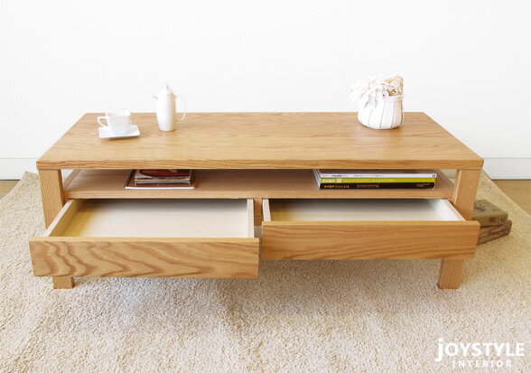 【W110×D50/レッドオーク材】ローテーブル 引き出し付きセンターテーブル 収納棚付きリビングテーブル レッドオーク材材 木製 [3]