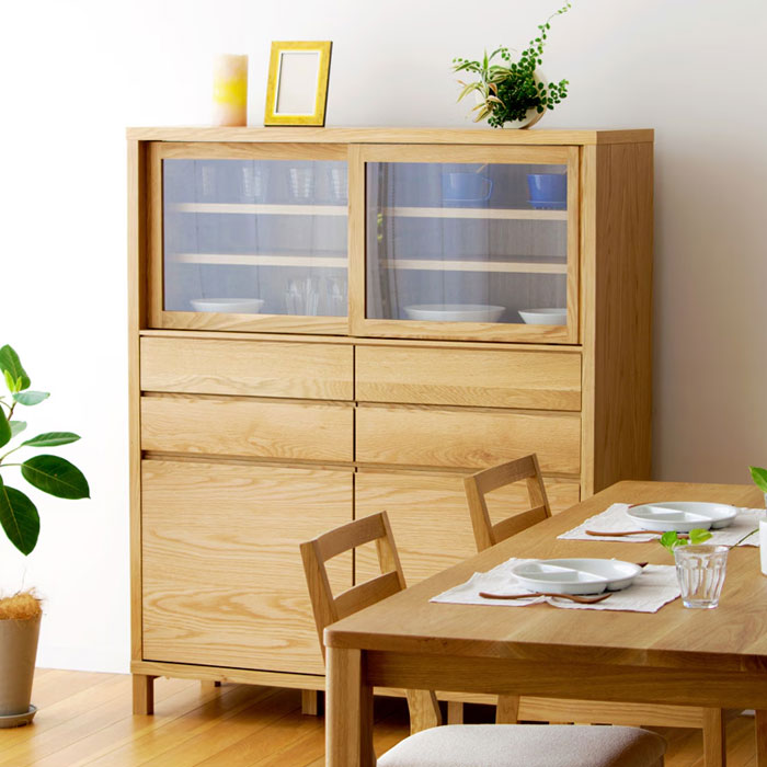 Rakuten - 食器棚 カップボード ハイタイプ 高さ139cm ガラスキャビネット チェスト 引き出し 開梱設置配送 幅115cm オーク材 オーク無垢材 木製 スライドレール付き 別注対応