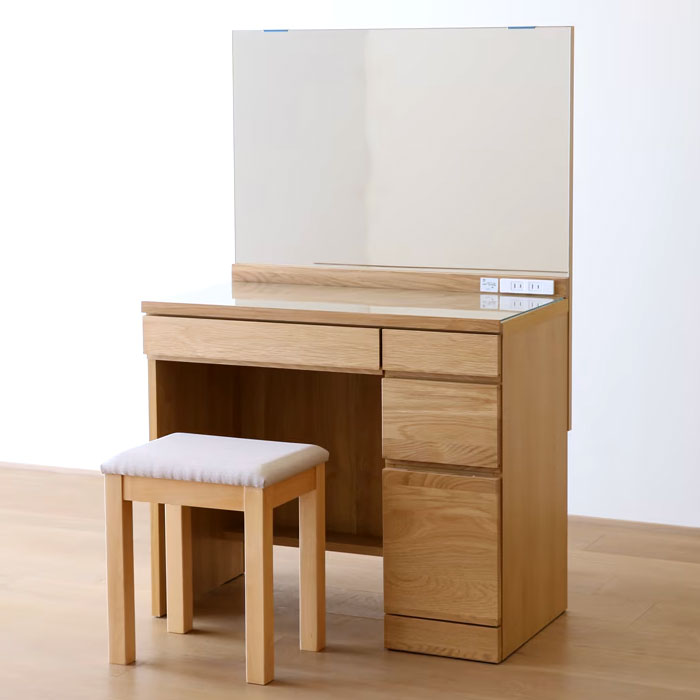 【4月末から価格改定有り】メイク時間が楽しくなるドレッサー 化粧台 一面鏡ドレッサー コンパクト コスメ 化粧品 椅子付き スツール付き 幅80cm オーク材 オーク無垢材 国産 日本製 おしゃれ 開梱設置配送