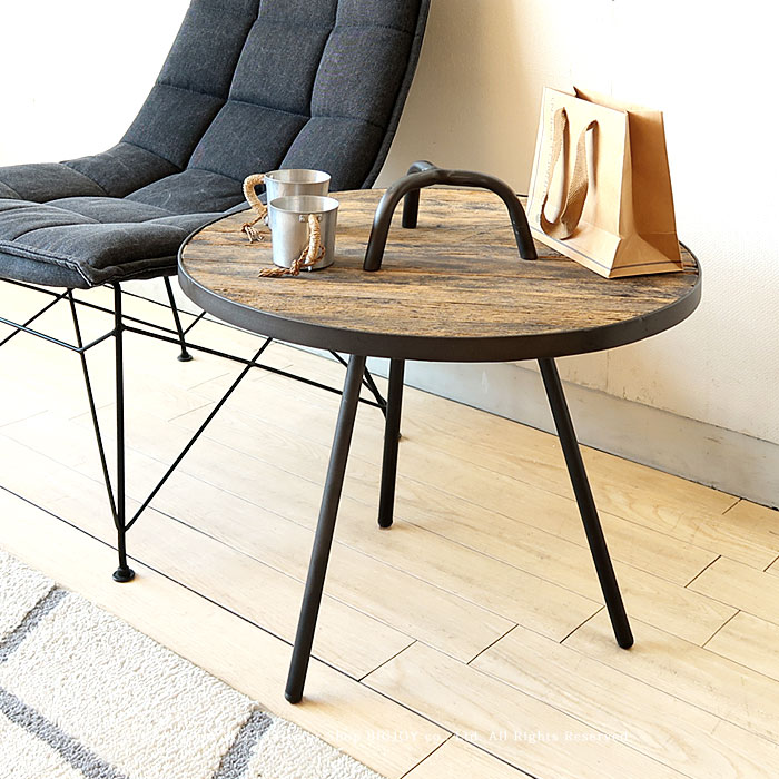 アウトレット展示品処分 ラウンジテーブル ラウンドサイドテーブル ティーテーブル 取っ手付きサイドテーブル 幅60cm ニレ古材 アイアンフレーム ビンテージ家具