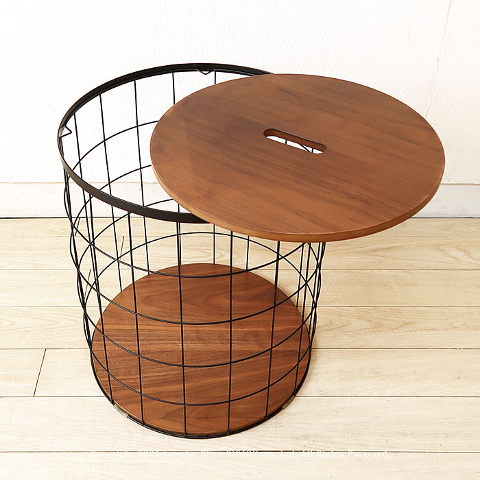 関家具 パニエ サイドテーブル Sサイズ 収納テーブル アンティーク ウォールナット突板 ブラックスチール スチールカゴと一体になった 【monorare】