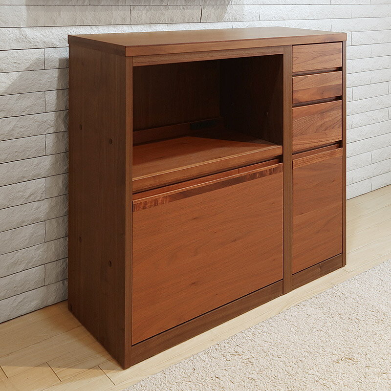 アウトレット展示品処分 高野木工 ヴィネ 幅90cm キッチンカウンター キッチンチェスト 食器棚 スライド棚付き 食器収納 炊飯器 ウォールナット材 背面化粧