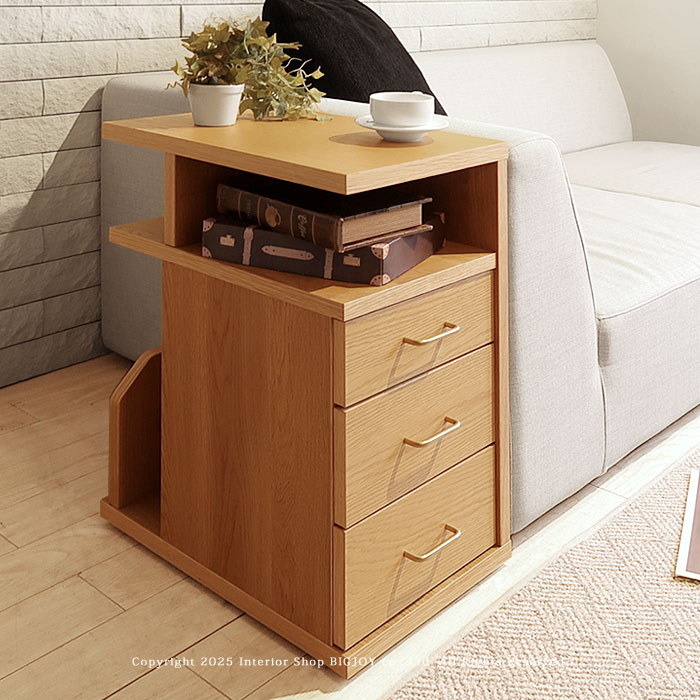 サイドワゴン サイドテーブル ソファ横の収納 カウンター下収納 引き出し オープン棚 コンセント付き ..