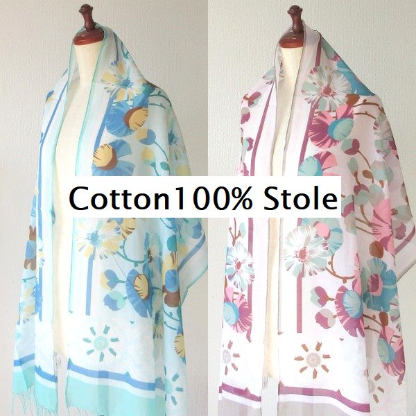 Rakuten - ＼250円OFFクーポン有／ コットン ストール ガーゼ マフラー 春 春物 夏 用 夏用 春夏 薄手 大判 UVカット 冷房対策 花柄 かわいい 夏用ストール スカーフ 綿 100% ロング フリンジ コットンストール UV 紫外線対策 インド綿 レディース グリーン ピンク 手洗い可能