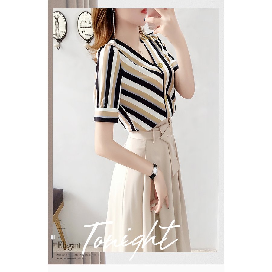 セットアップ レディース 20代 30代 40代 夏新作 半袖ブラウス Vネック aラインスカート ボーダー柄セットアップ オシャレ シャツワンピース 着痩せ 上品 大人 通勤 オフィス OL 「S~2XL」