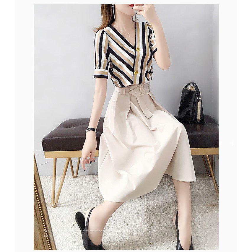 セットアップ レディース 20代 30代 40代 夏新作 半袖ブラウス Vネック aラインスカート ボーダー柄セットアップ オシャレ シャツワンピース 着痩せ 上品 大人 通勤 オフィス OL 「S~2XL」