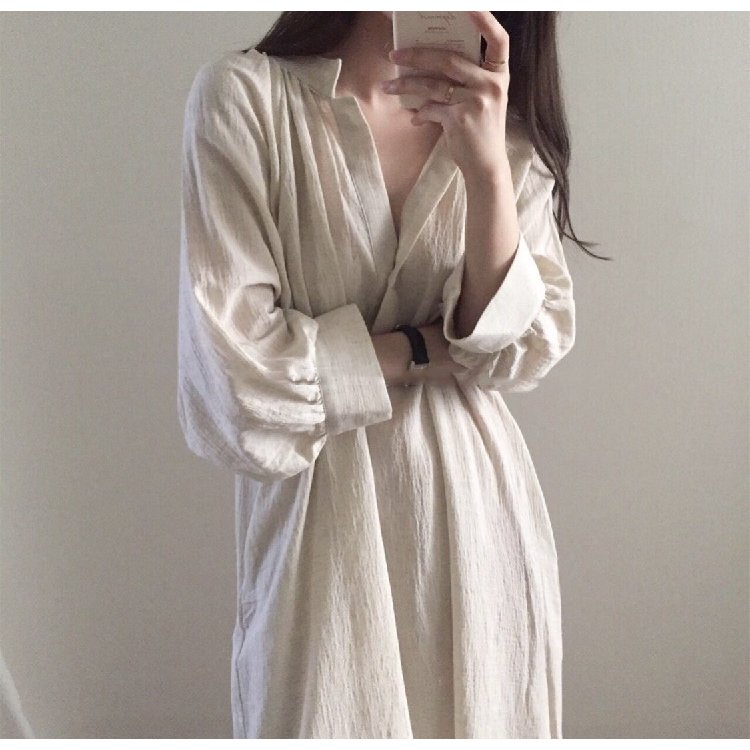 ワンピース レディース マキシワンピース 夏 七分袖 ワンピース vネック シャツワンピ 韓国風 ロング丈 着痩せ オシャレ スリーブ リネン シャツロング 綿麻風人気新作 エレガント キレイめ 韓国風 お洒落