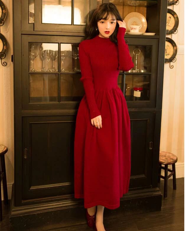 人気新作 ニットワンピース 長袖 ロング丈ワンピース 可愛い レディース 春秋 パーティードレス ハイネック aラインワンピース 上品 エレガント カジュアル 二次会 結婚式 大人 通勤オフィス 20代30代40代 お呼ばれ 女子会 きれいめ 黒/赤