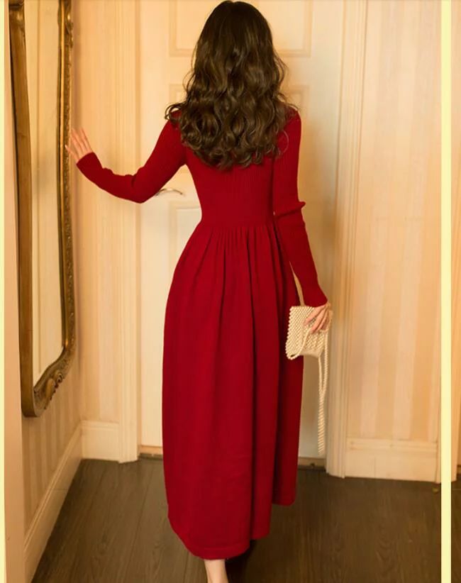 人気新作 ニットワンピース 長袖 ロング丈ワンピース 可愛い レディース 春秋 パーティードレス ハイネック aラインワンピース 上品 エレガント カジュアル 二次会 結婚式 大人 通勤オフィス 20代30代40代 お呼ばれ 女子会 きれいめ 黒/赤